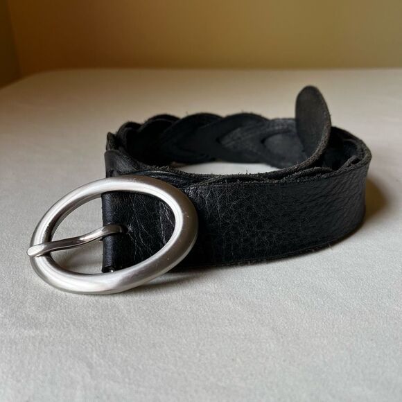 Talbots Black Leather Woven Belt‎ Silver Oval Buckle Casual Boho Western 36 - Picture 8 of 8